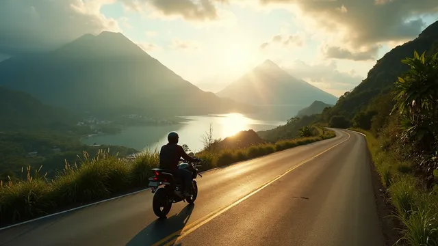 Moto en carretera serpenteante con vista panorámica del Lago de Atitlán y volcanes San Pedro, Atitlán y Tolimán al fondo