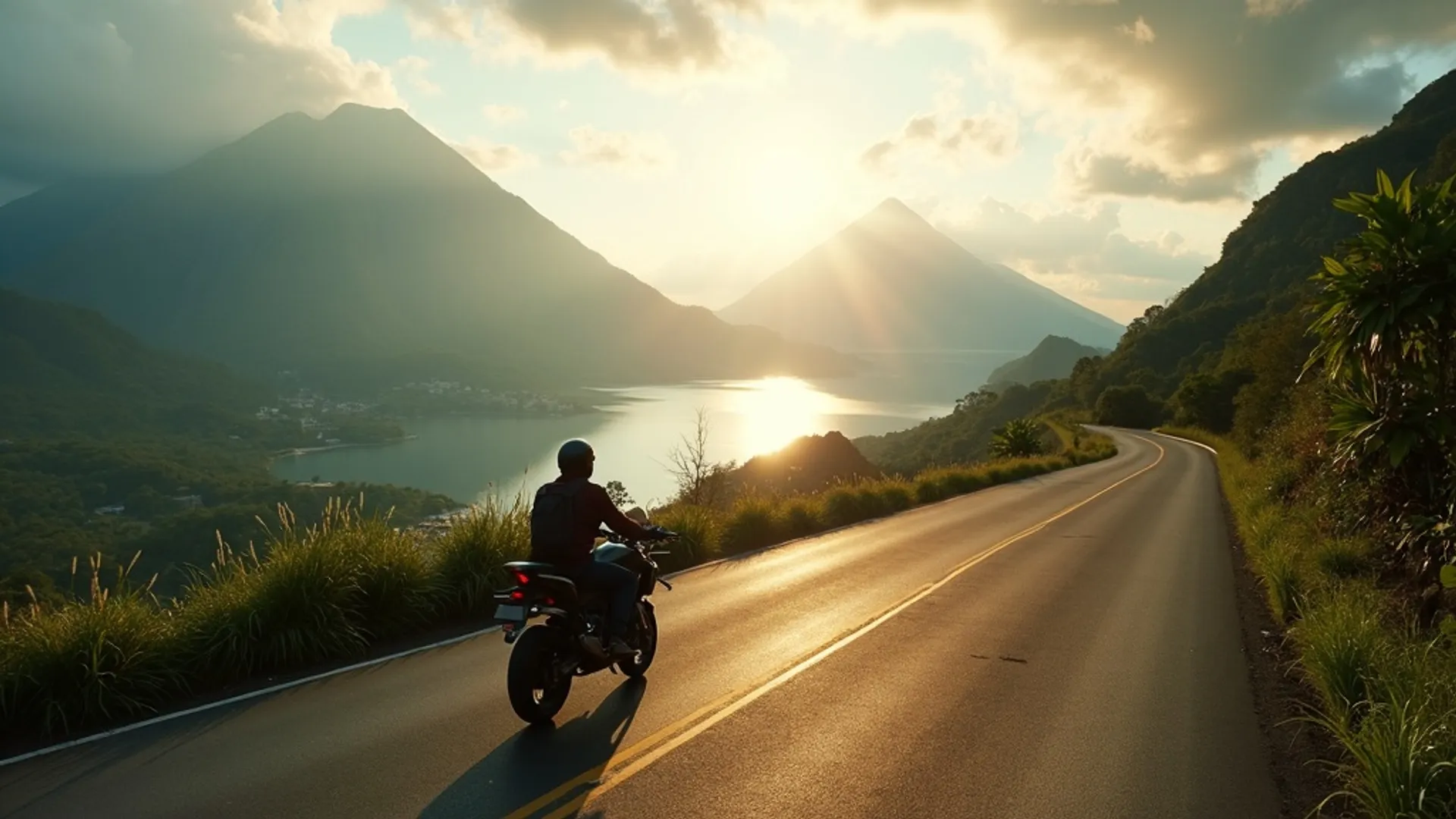 Moto en carretera serpenteante con vista panorámica del Lago de Atitlán y volcanes San Pedro, Atitlán y Tolimán al fondo