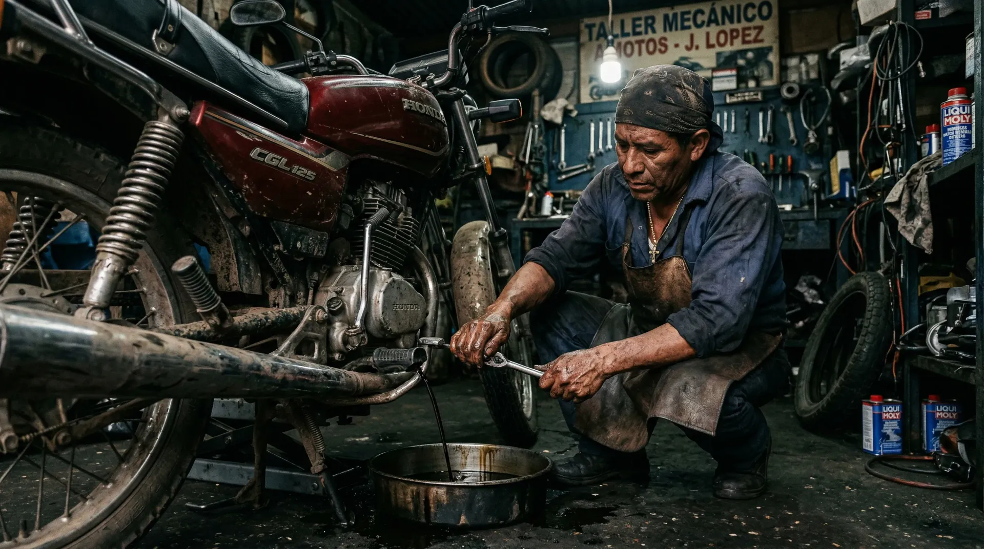 Mecánico cambiando aceite de moto en taller - drenando aceite usado y reemplazando filtro en Guatemala