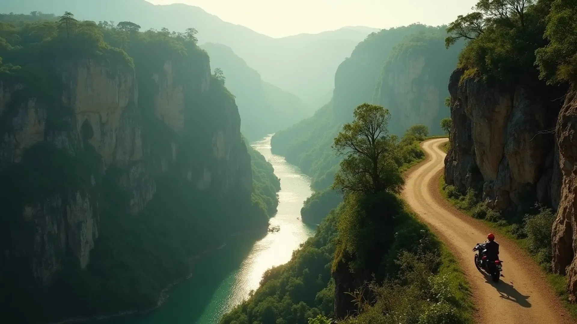 Moto estacionada en ruta de montaña de San Cristóbal a Palenque Chiapas México con paisaje selvático