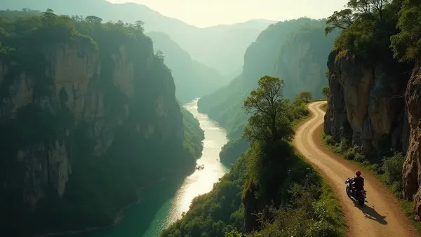 Moto estacionada en ruta de montaña de San Cristóbal a Palenque Chiapas México con paisaje selvático