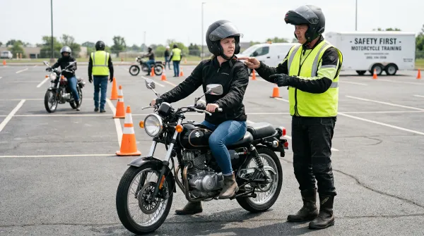 Rider principiante con equipo de protección completo casco chaqueta y guantes evitando errores comunes de novatos en motocicleta