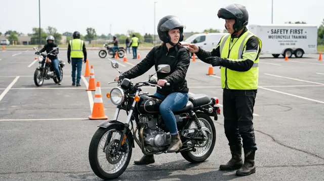 Rider principiante con equipo de protección completo casco chaqueta y guantes evitando errores comunes de novatos en motocicleta