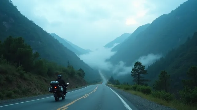 Moto en carretera Interamericana de Guatemala con niebla densa y montañas verdes en el altiplano camino a Huehuetenango