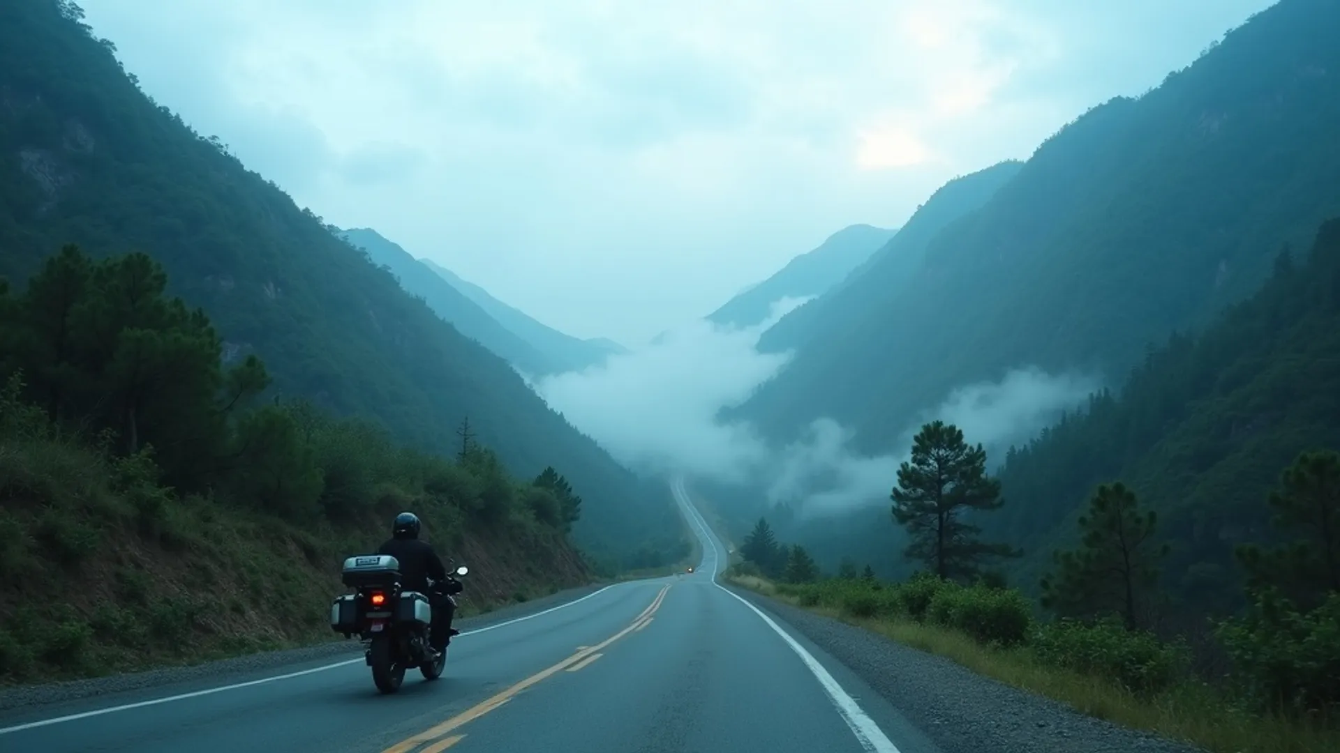 Moto en carretera Interamericana de Guatemala con niebla densa y montañas verdes en el altiplano camino a Huehuetenango