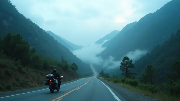 Moto en carretera Interamericana de Guatemala con niebla densa y montañas verdes en el altiplano camino a Huehuetenango