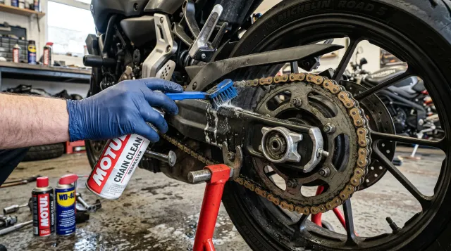 Lubricación y mantenimiento de cadena de moto - aplicando lubricante a cadena O-ring con cepillo especializado