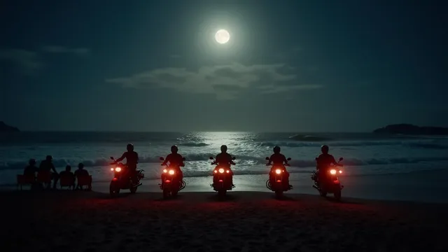 Motos estacionadas en playa de arena negra de Monterrico Guatemala con luna llena reflejada en el Océano Pacífico de noche