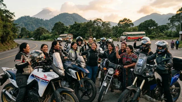 Mujer motociclista guatemalteca con equipo de protección y casco posando junto a su moto en carretera