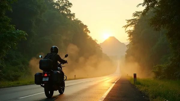 Motocicleta en ruta hacia Tikal Petén cruzando selva guatemalteca con templo maya al fondo al atardecer