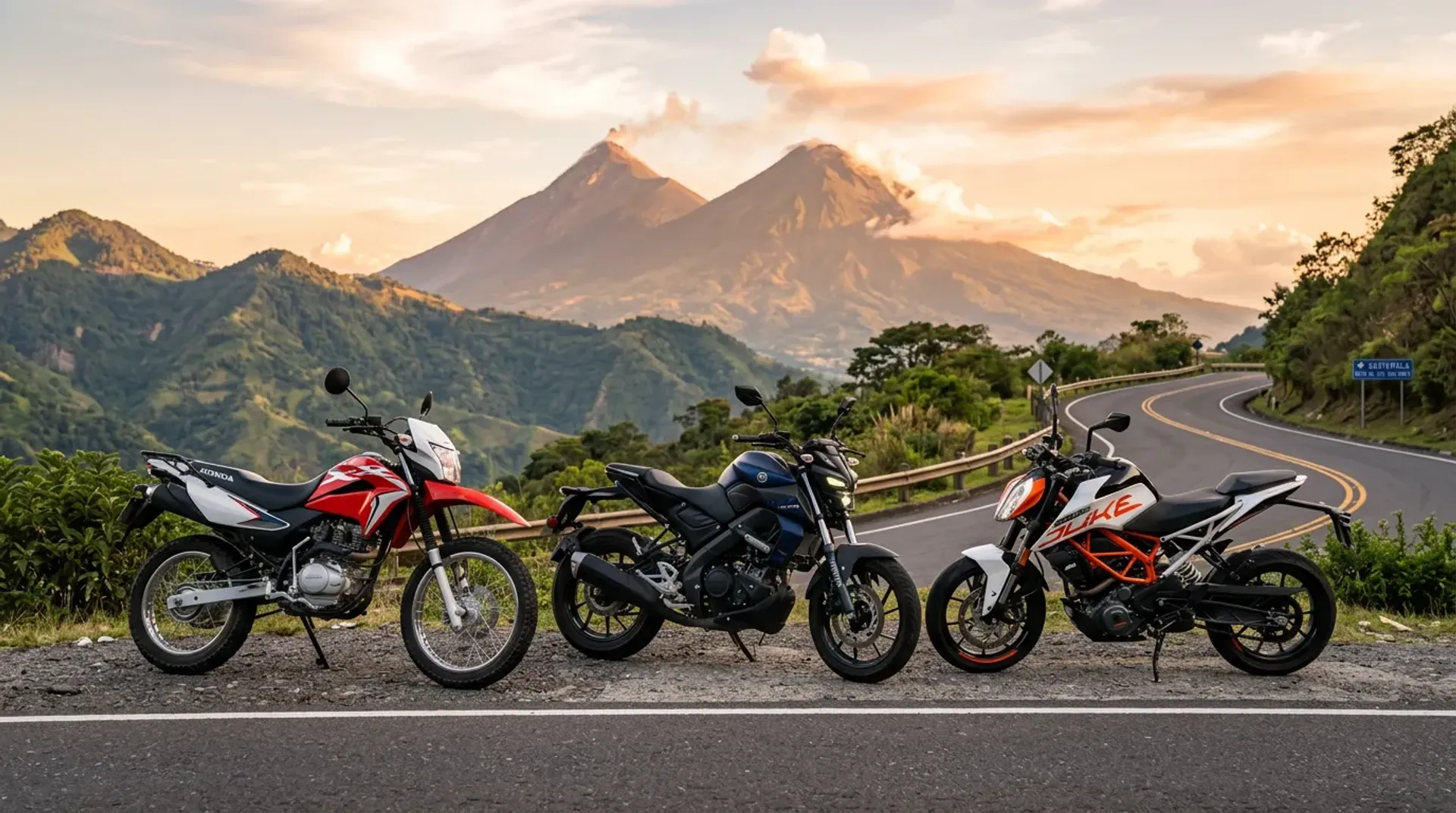 Collage de motos para principiantes en Guatemala 2026 - Honda XR150L, Yamaha MT-15, KTM Duke 200 y Suzuki GSX-R150 mostradas en carreteras guatemaltecas