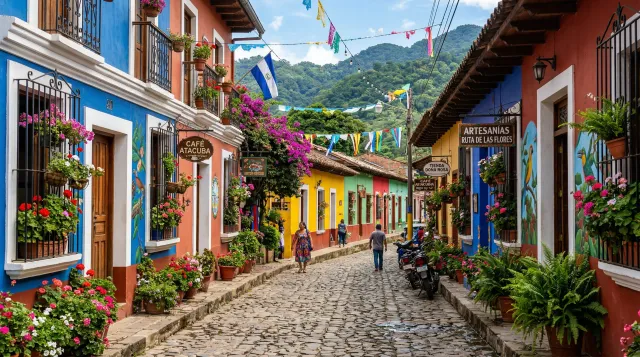 Moto estacionada en Ruta de las Flores El Salvador con casas coloridas coloniales y jardines de flores de fondo