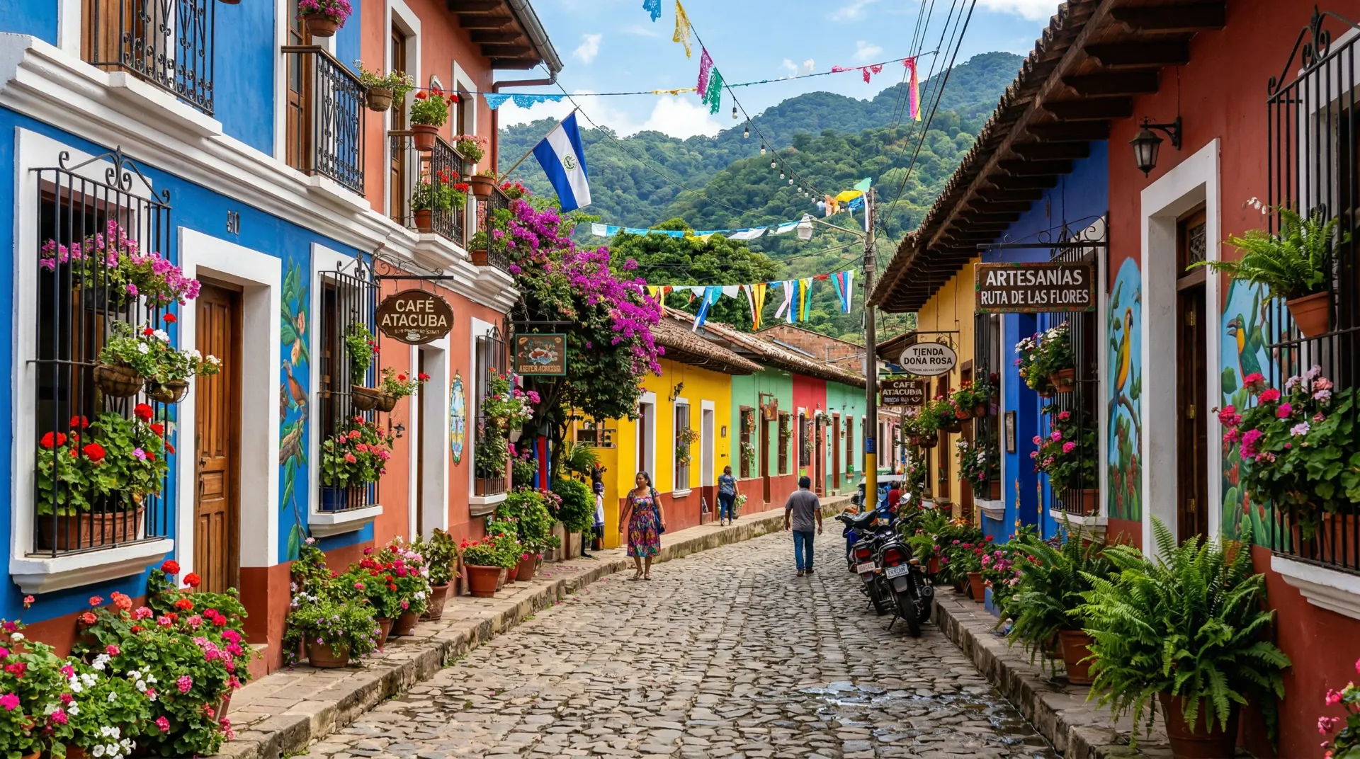 Moto estacionada en Ruta de las Flores El Salvador con casas coloridas coloniales y jardines de flores de fondo