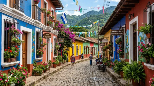 Moto estacionada en Ruta de las Flores El Salvador con casas coloridas coloniales y jardines de flores de fondo