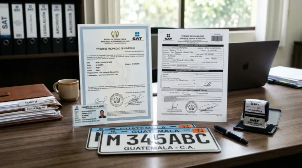 Documentos de emplacamiento de moto en Guatemala - tarjeta de circulación, placas, SOAT y RTV sobre escritorio