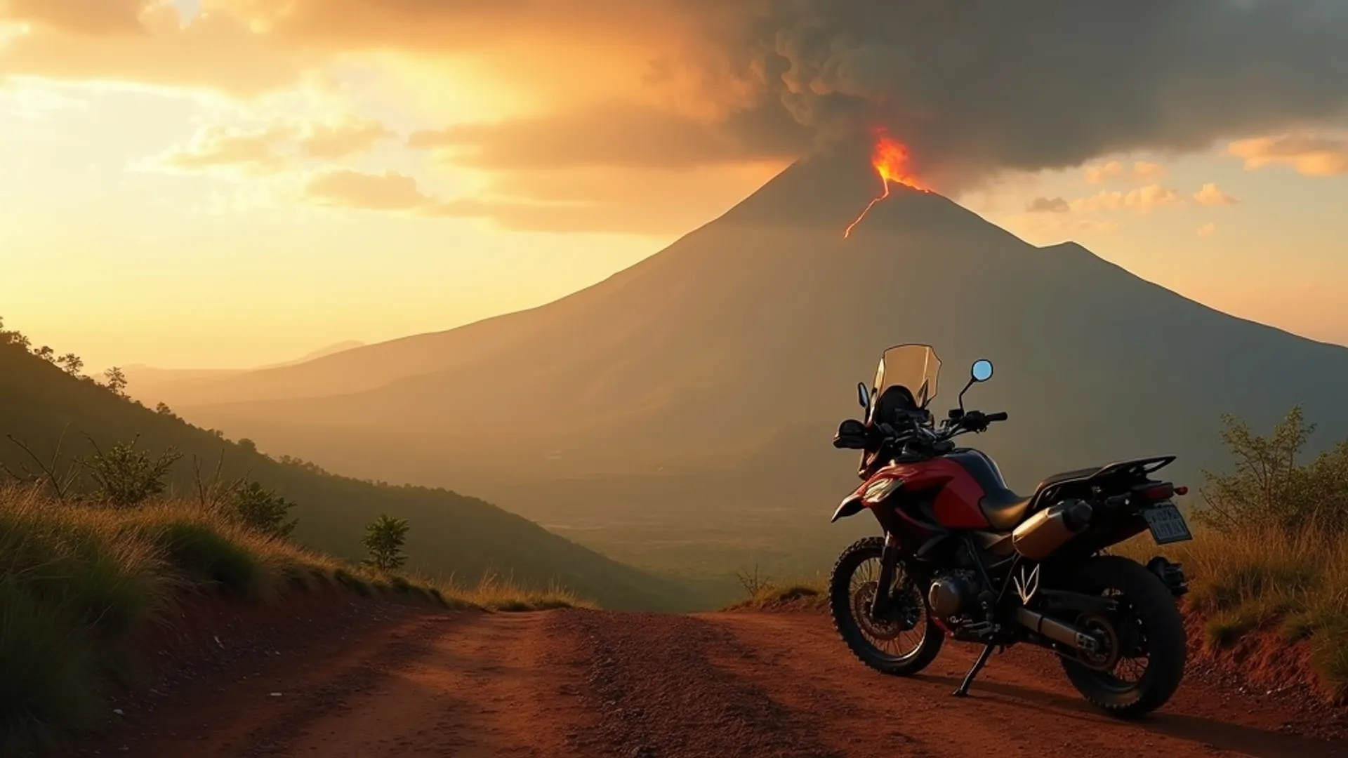 Moto en camino de tierra con el Volcán de Fuego haciendo erupción al fondo y el Acatenango junto a él en Guatemala